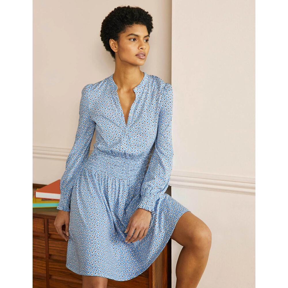 Boden Smocked Jersey Shirt Dress Long Sleeve Cordate Leaf Print